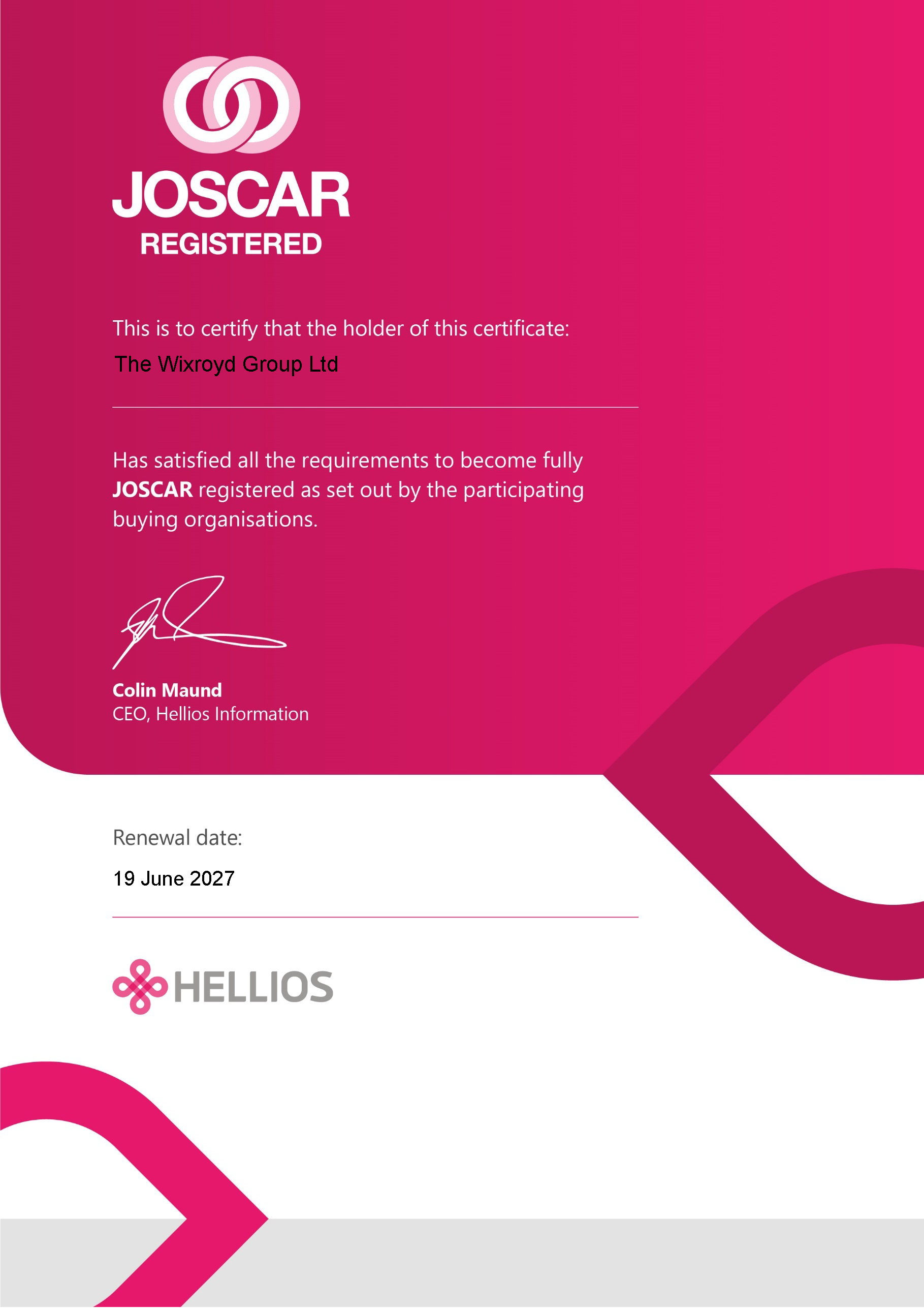 Our Joscar certificate.